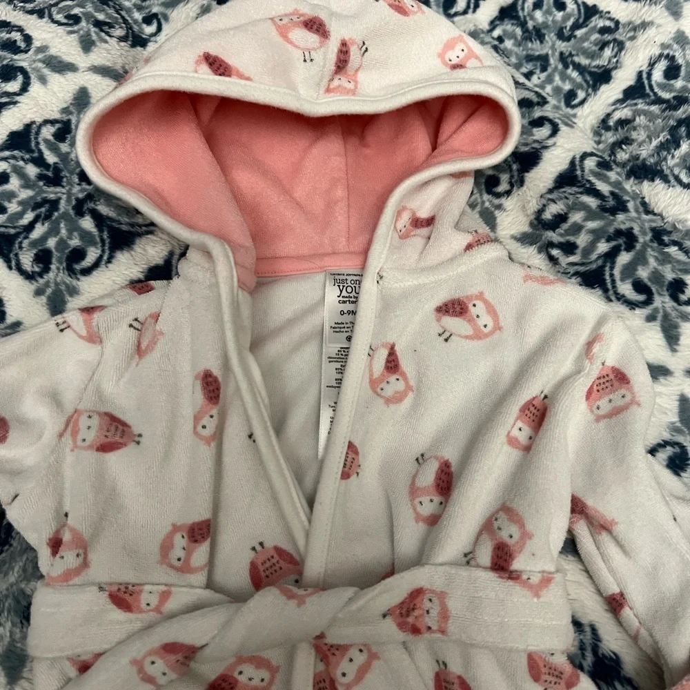 Just One You Carters Pink and White Owls Baby Girl Hooded Bathrobe Sz 0-9